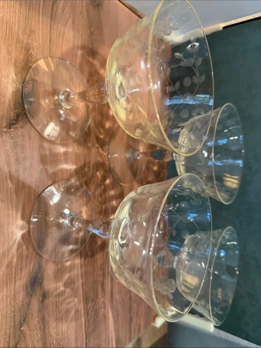 Vintage Etched Glass Champagne Coupe - very light yellow set up 4